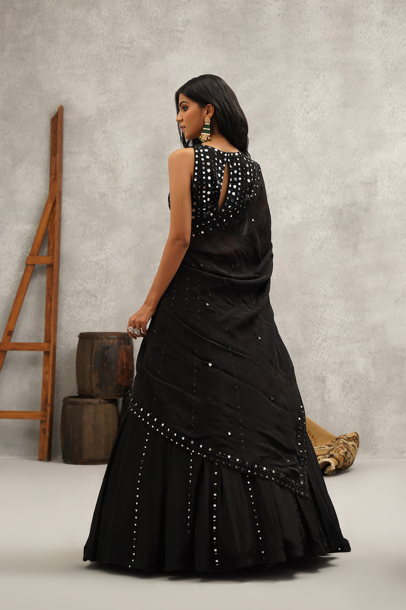 Black mirror work embroidered lehenga set