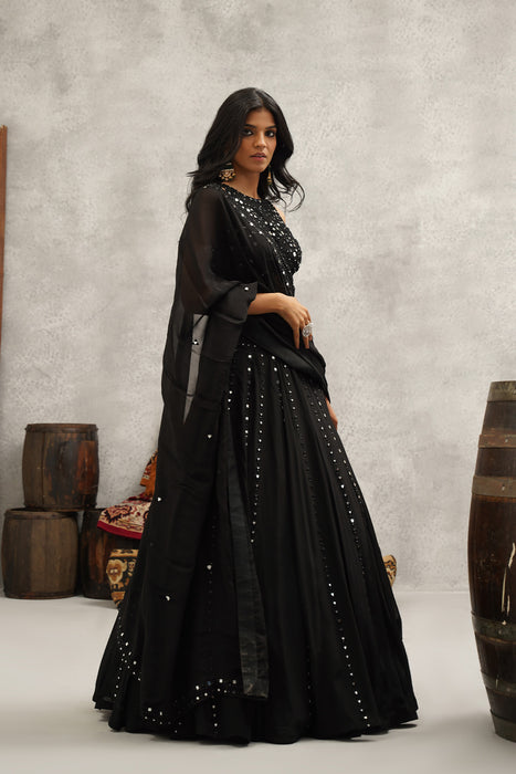 Black mirror work embroidered lehenga set