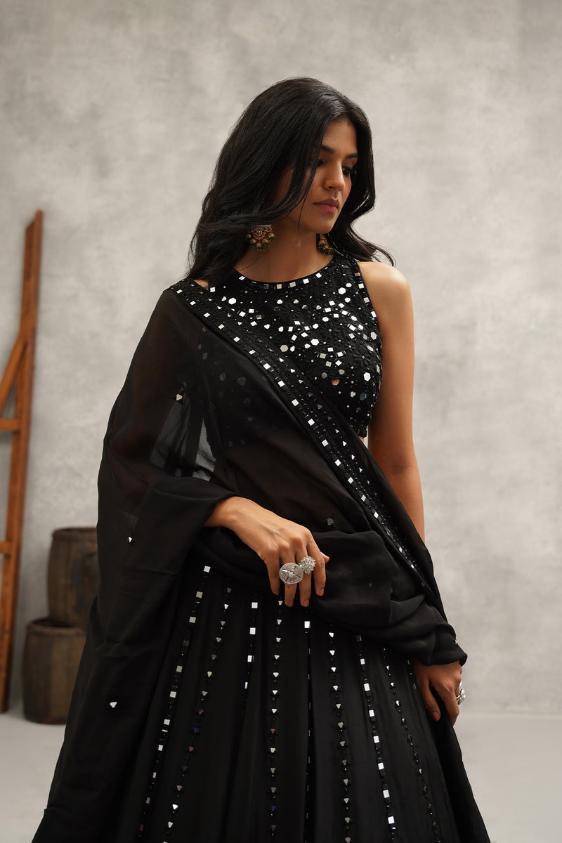 Black mirror work embroidered lehenga set