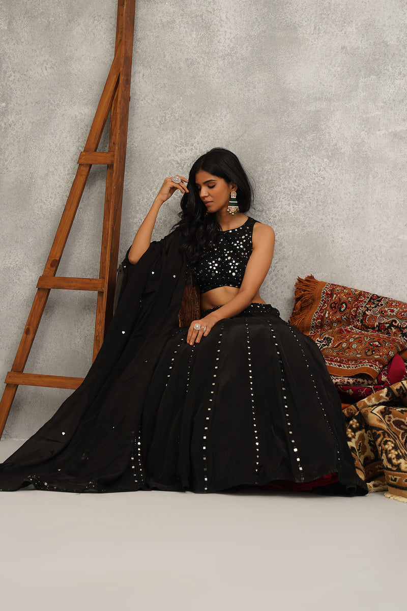 Black mirror work embroidered lehenga set