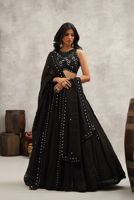Black mirror work embroidered lehenga set