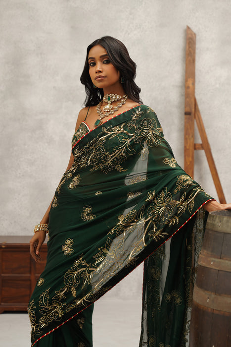 bottle green embroidered saree set