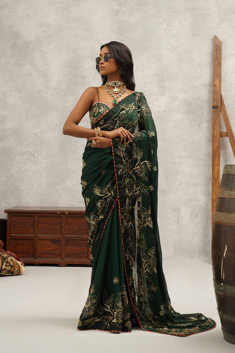 bottle green embroidered saree set
