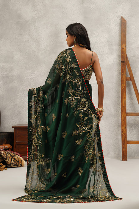 bottle green embroidered saree set