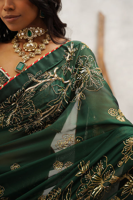 bottle green embroidered saree set