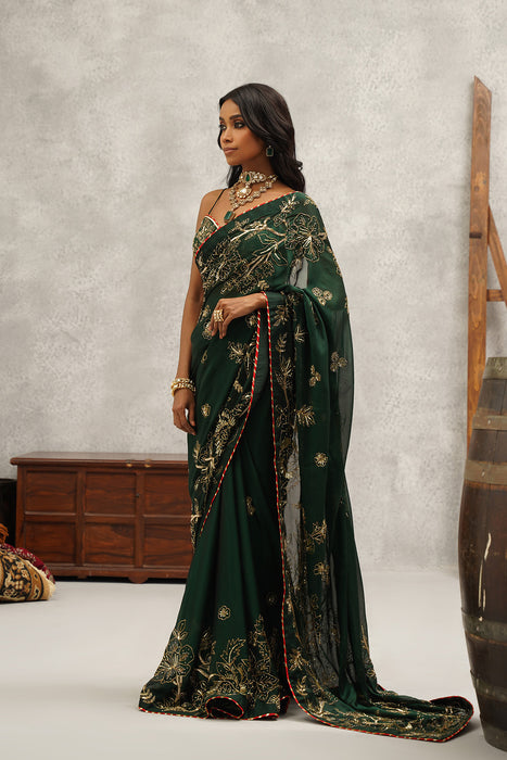 bottle green embroidered saree set