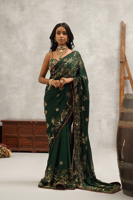 bottle green embroidered saree set