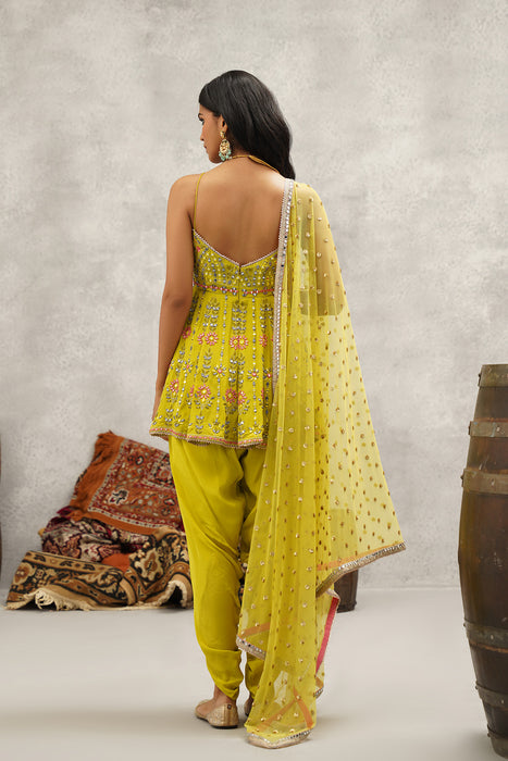Lime green embroidered peplum, dhoti and dupatta set