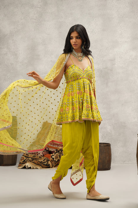 Lime green embroidered peplum, dhoti and dupatta set