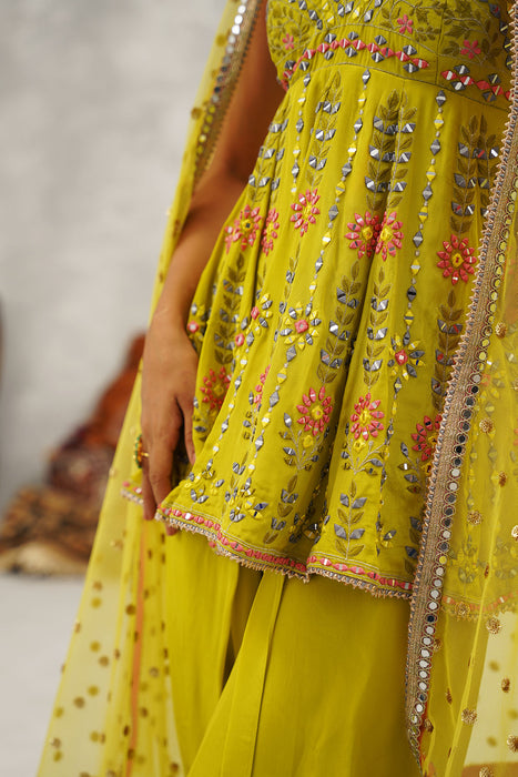 Lime green embroidered peplum, dhoti and dupatta set