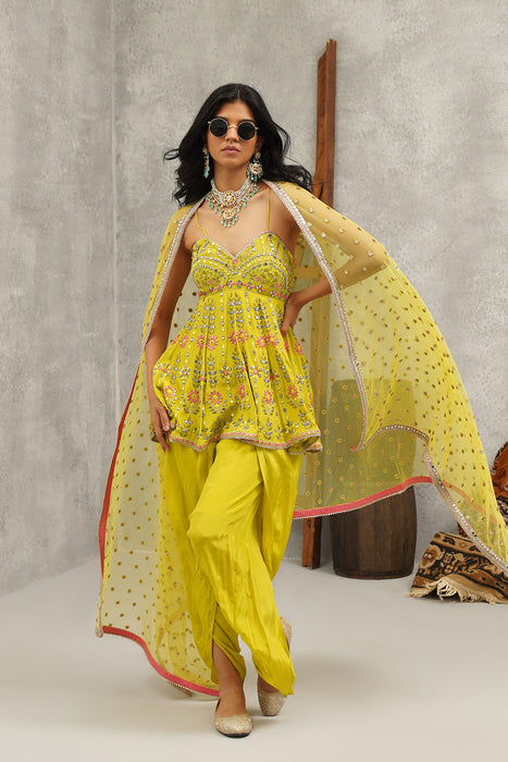 Lime green embroidered peplum, dhoti and dupatta set
