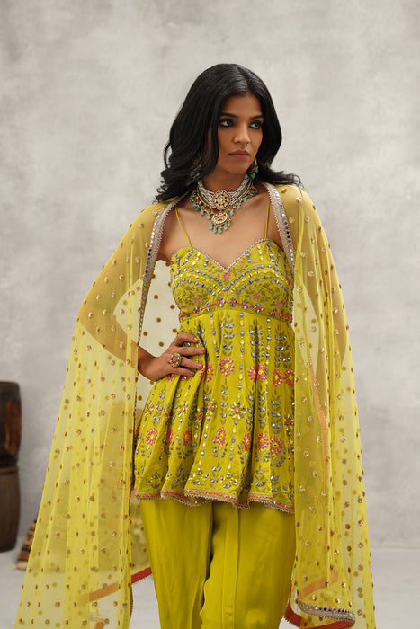 Lime green embroidered peplum, dhoti and dupatta set