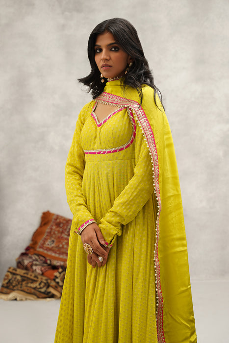 Lime Green Banarsi Georgette Anarkali Set
