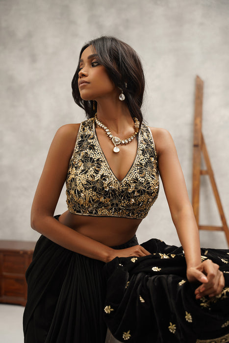 black embroidered saree set