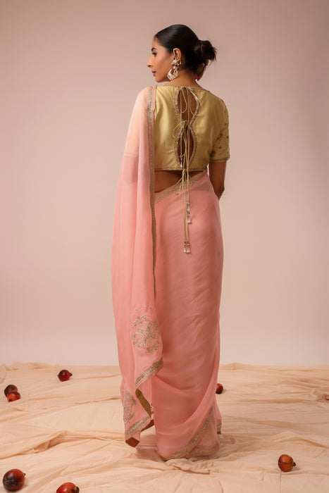 Pink Embroidered Saree Set with Stitched Blouse
