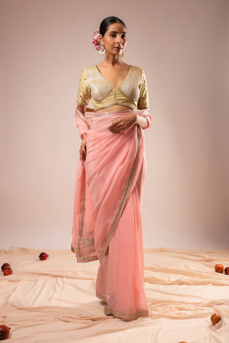 Pink Embroidered Saree Set with Stitched Blouse