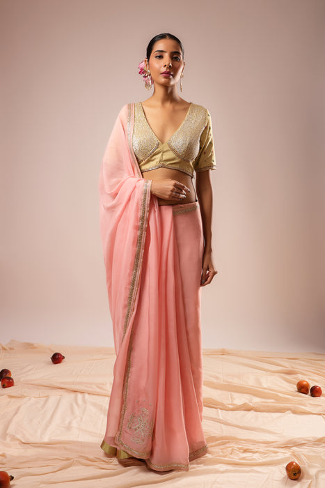 Pink Embroidered Saree Set with Stitched Blouse