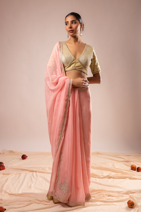 Pink Embroidered Saree Set with Stitched Blouse