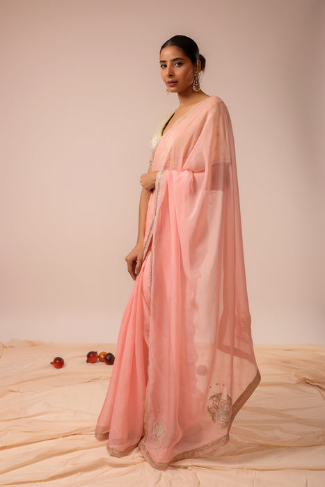 Pink Embroidered Saree Set with Stitched Blouse