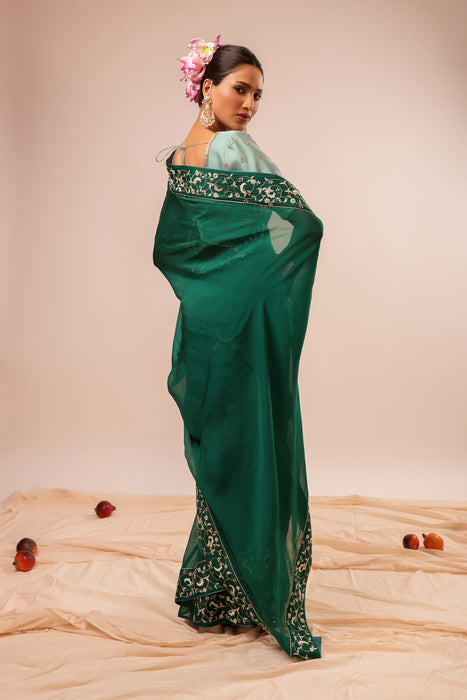 Dark Green Embroidered Saree Set with Stitched Blouse