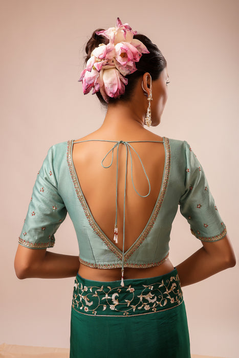 Dark Green Embroidered Saree Set with Stitched Blouse