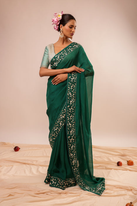 Dark Green Embroidered Saree Set with Stitched Blouse