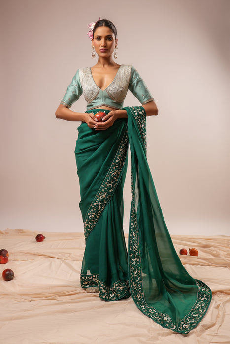 Dark Green Embroidered Saree Set with Stitched Blouse