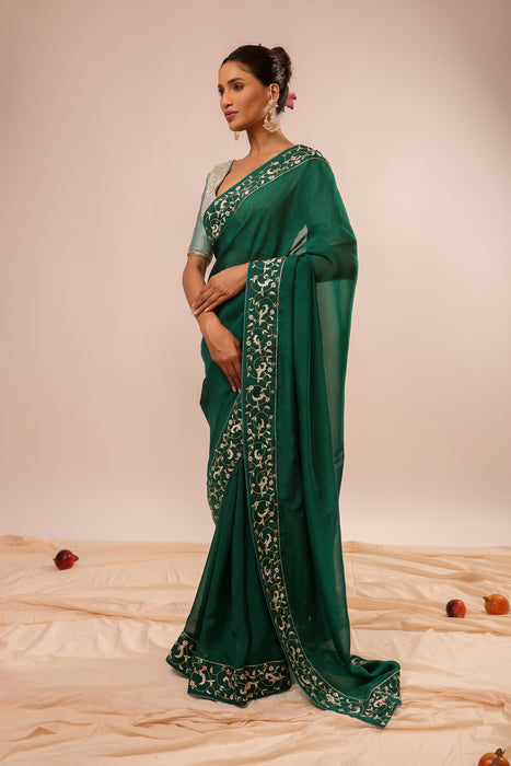 Dark Green Embroidered Saree Set with Stitched Blouse