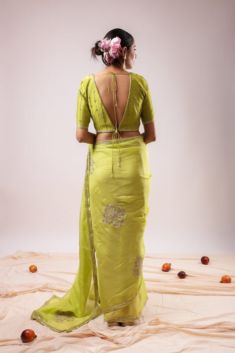 Light Green Embroidered Saree Set with Stitched Blouse