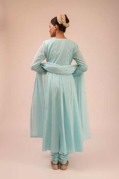 Aqua Blue Cotton Overlay Anarkali