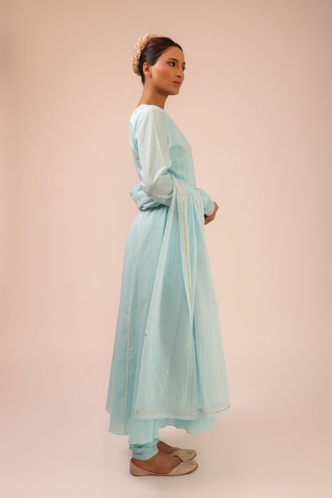 Aqua Blue Cotton Overlay Anarkali