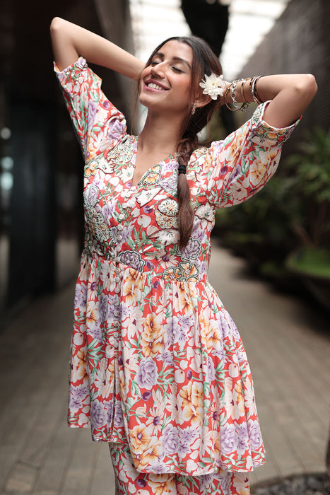 Red Floral Embroidered Body With Palazzo Co-ord Set