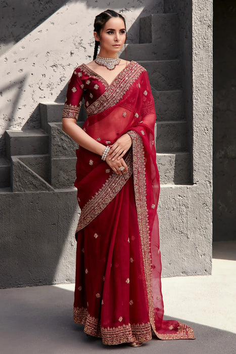 Wine gold organza saree set