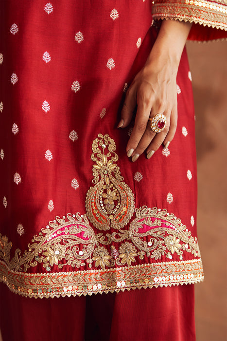 MEHWISH - DEEP RED SHORT KURTA WITH SALWAR AND DUPATTA