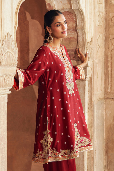 MEHWISH - DEEP RED SHORT KURTA WITH SALWAR AND DUPATTA