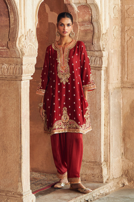 MEHWISH - DEEP RED SHORT KURTA WITH SALWAR AND DUPATTA