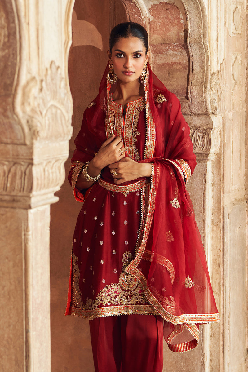 MEHWISH - DEEP RED SHORT KURTA WITH SALWAR AND DUPATTA