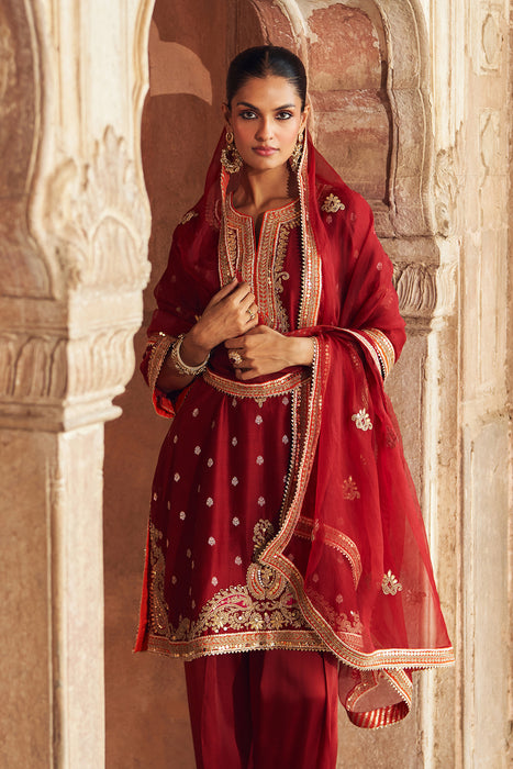 MEHWISH - DEEP RED SHORT KURTA WITH SALWAR AND DUPATTA