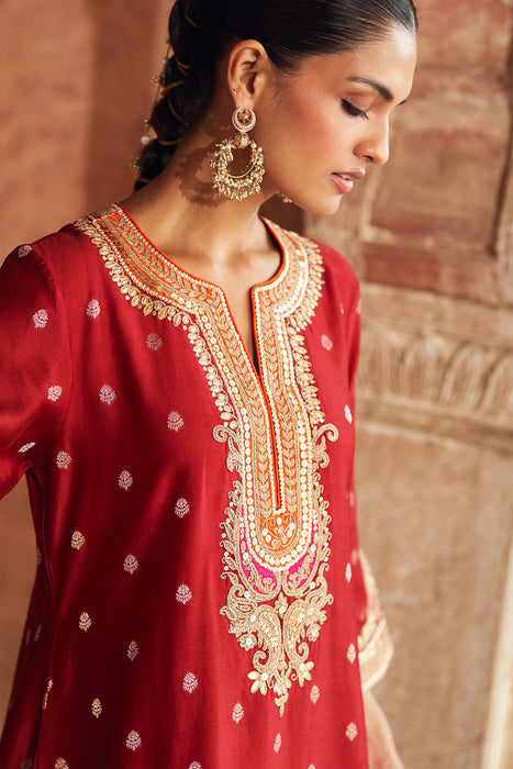 MEHWISH - DEEP RED SHORT KURTA WITH SALWAR AND DUPATTA