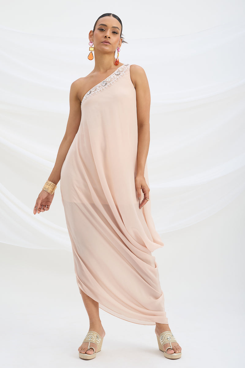 ONE SHOULDER EMBROIDERED DRAPE DRESS