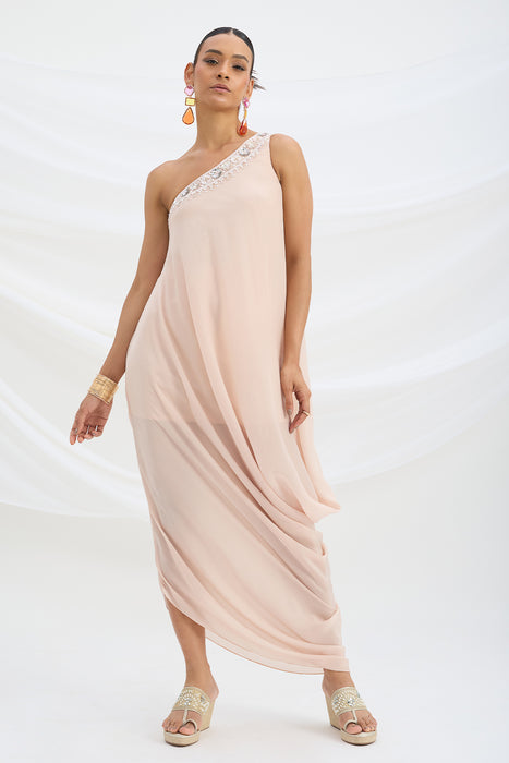 ONE SHOULDER EMBROIDERED DRAPE DRESS