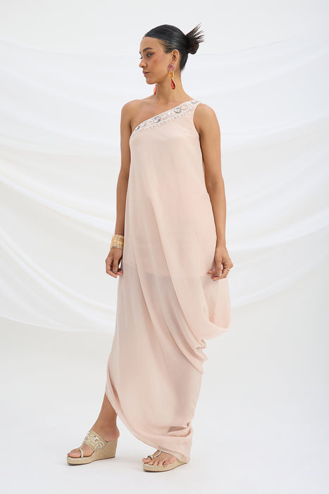 ONE SHOULDER EMBROIDERED DRAPE DRESS