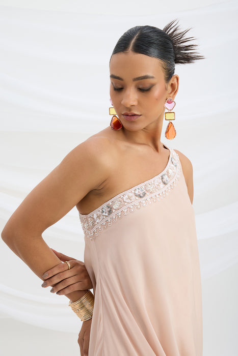 ONE SHOULDER EMBROIDERED DRAPE DRESS