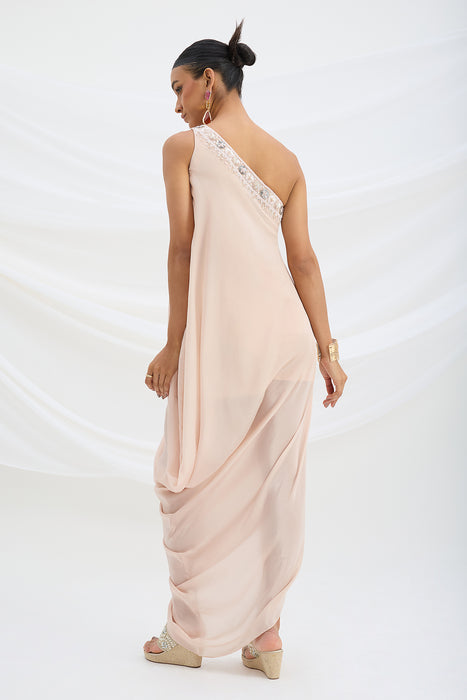 ONE SHOULDER EMBROIDERED DRAPE DRESS
