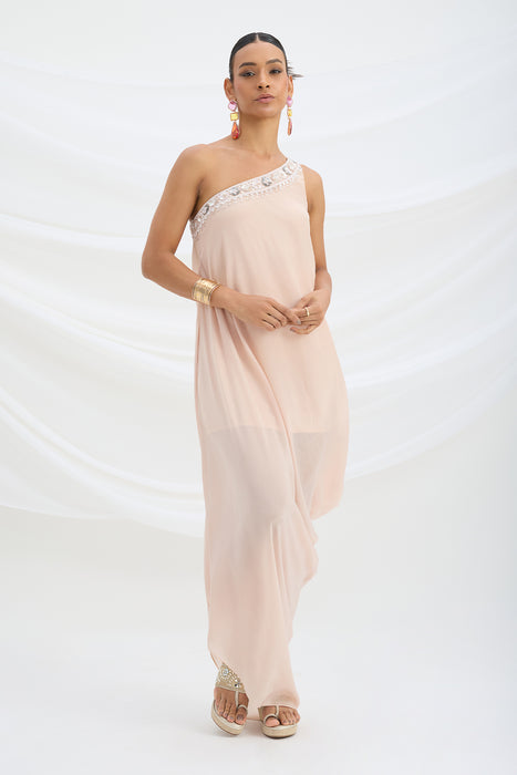 ONE SHOULDER EMBROIDERED DRAPE DRESS