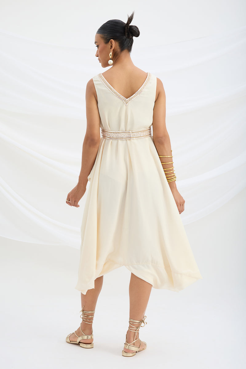 BEIGE EMBROIDERED DRAPE DRESS