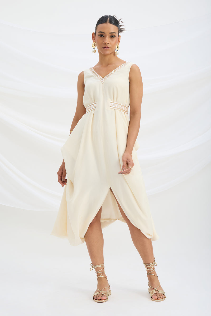 BEIGE EMBROIDERED DRAPE DRESS