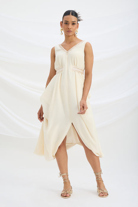 BEIGE EMBROIDERED DRAPE DRESS
