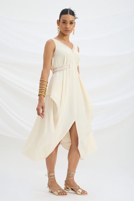 BEIGE EMBROIDERED DRAPE DRESS