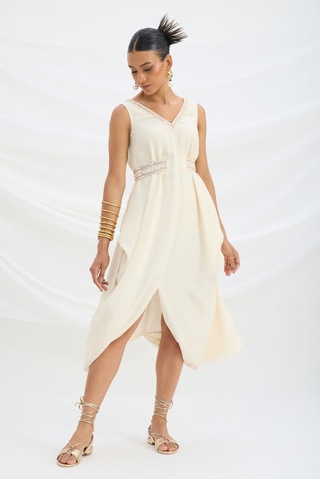 BEIGE EMBROIDERED DRAPE DRESS
